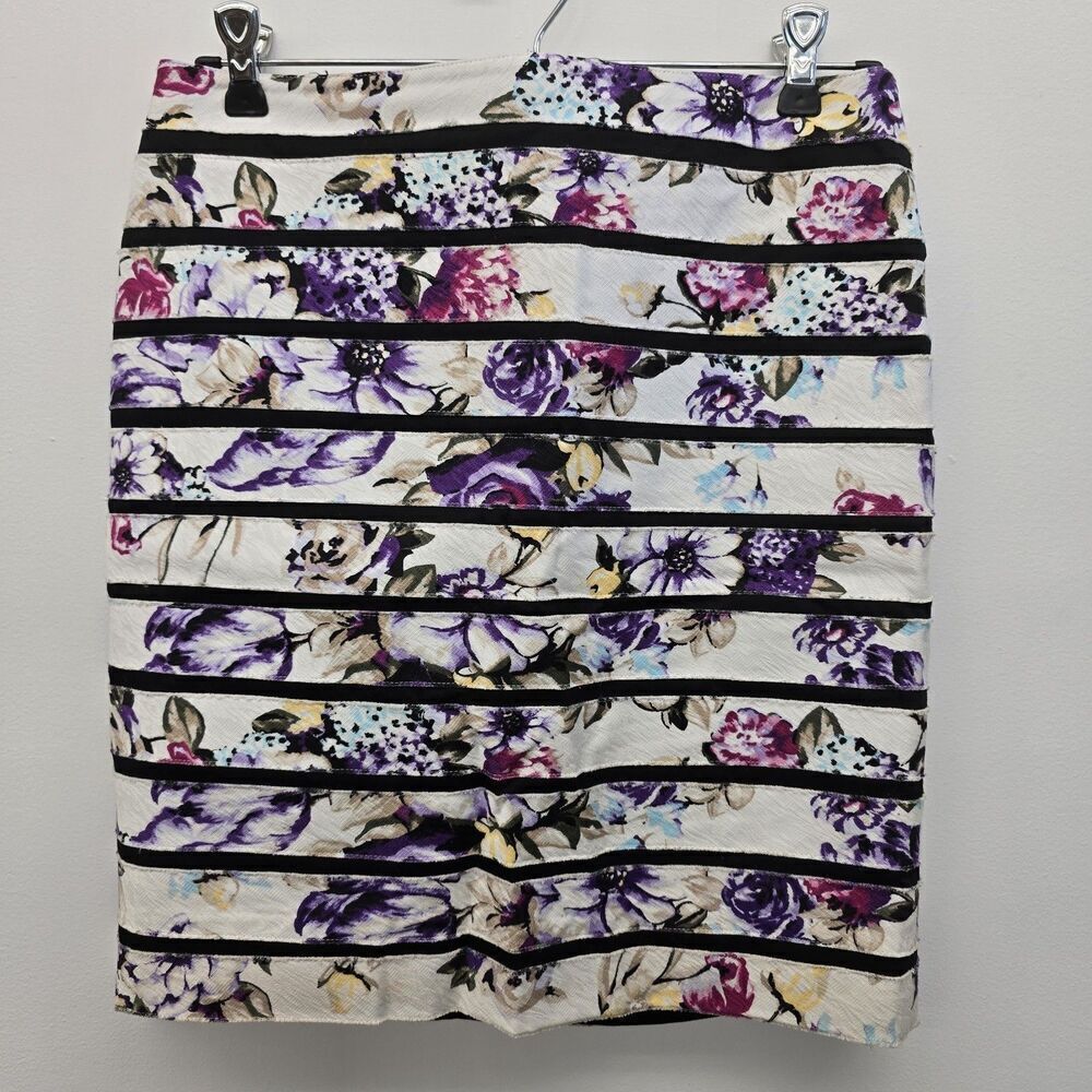 White House Black Market Sz 2 Wht Floral Print Striped Pencil Skirt Raw Edge A5 - Picture 2 of 10